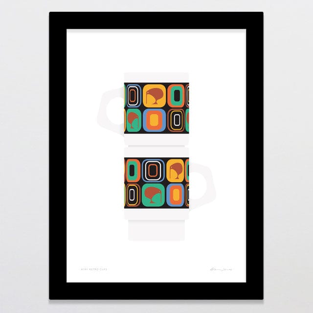 Glenn Jones Art Kiwi Retro Cups Art Print A4 / Black