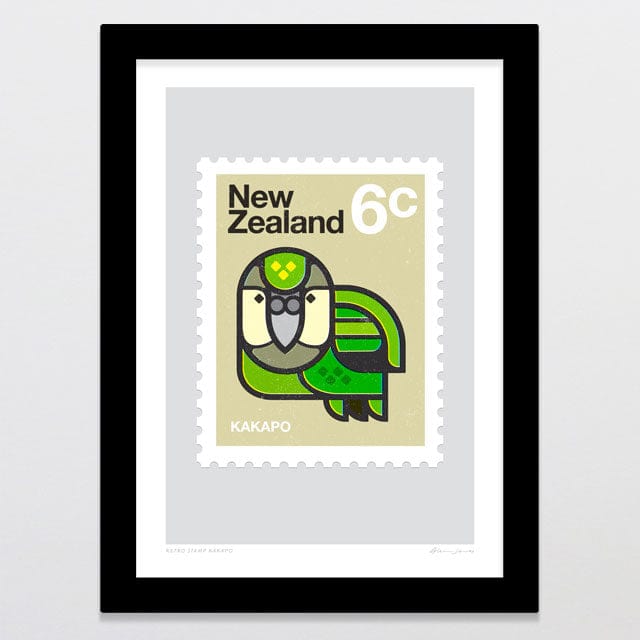 Glenn Jones Art Retro Stamp Kakapo Art Print Art Print A4 / Black