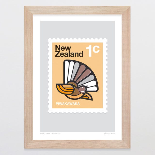 Glenn Jones Art Retro Stamp Piwakawaka Art Print Art Print A4 / Oak