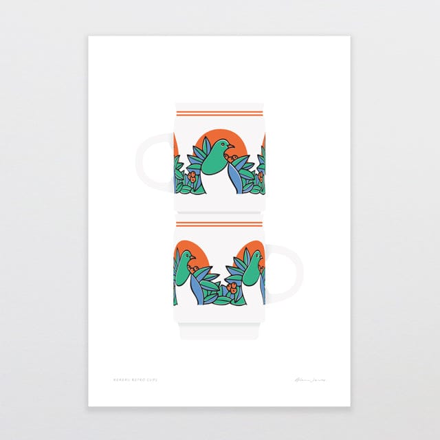Glenn Jones Art Kereru Retro Cups Art Print A4 / Unframed