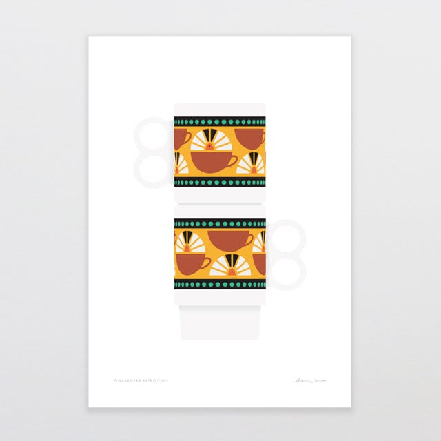 Glenn Jones Art Piwakawaka Retro Cups Art Print A4 / Unframed