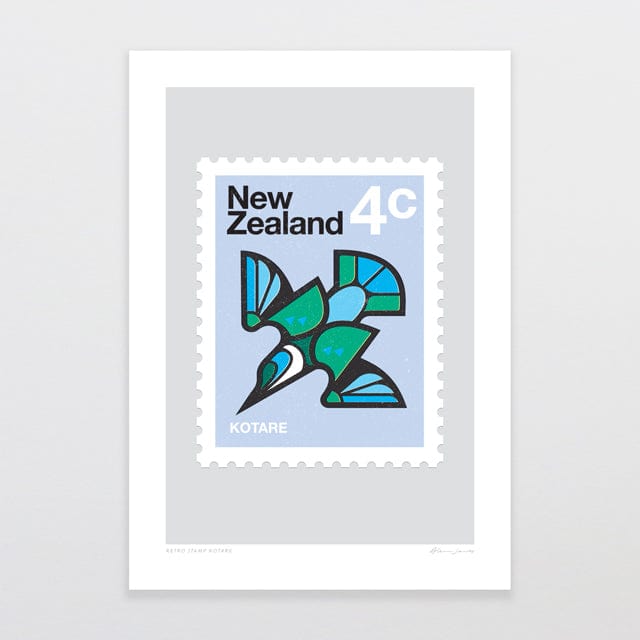 Glenn Jones Art Retro Stamp Kotare Art Print Art Print A4 / Unframed