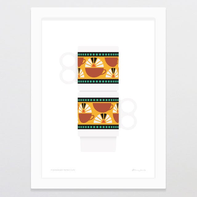 Glenn Jones Art Piwakawaka Retro Cups Art Print A4 / White
