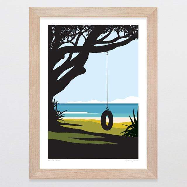 Glenn Jones Art Beach Swing Art Print Art Print A4 Print / Raw Oak Frame