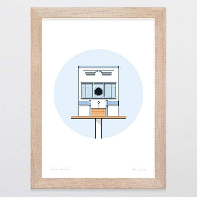 Glenn Jones Art Birdhouse Art Deco Art Print Art Print A4 Print / Raw Oak Frame
