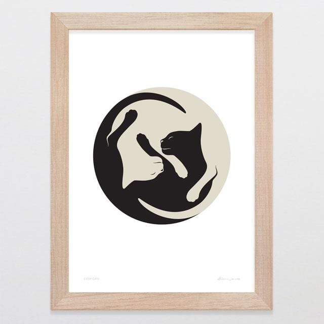 Glenn Jones Art Cosy Cats Art Print Art Print A4 Print / Raw Oak Frame