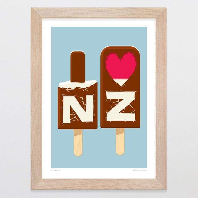 Glenn Jones Art I Love NZ Art Print Art Print A4 Print / Raw Oak Frame
