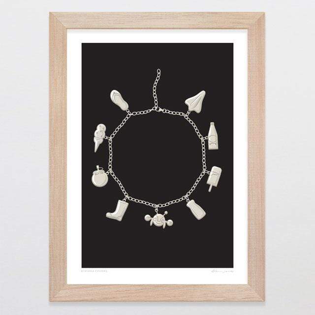 Glenn Jones Art Kiwiana Charms Art Print Art Print A4 Print / Raw Oak Frame