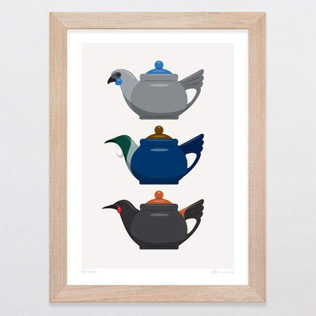 Glenn Jones Art Tea Birds Art Print Art Print A4 Print / Raw Oak Frame