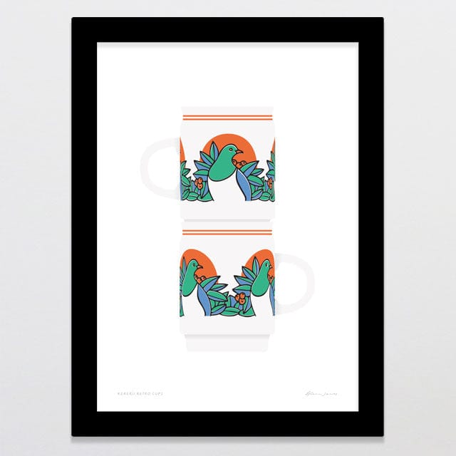 Glenn Jones Art Kereru Retro Cups Art Print A4 / Black