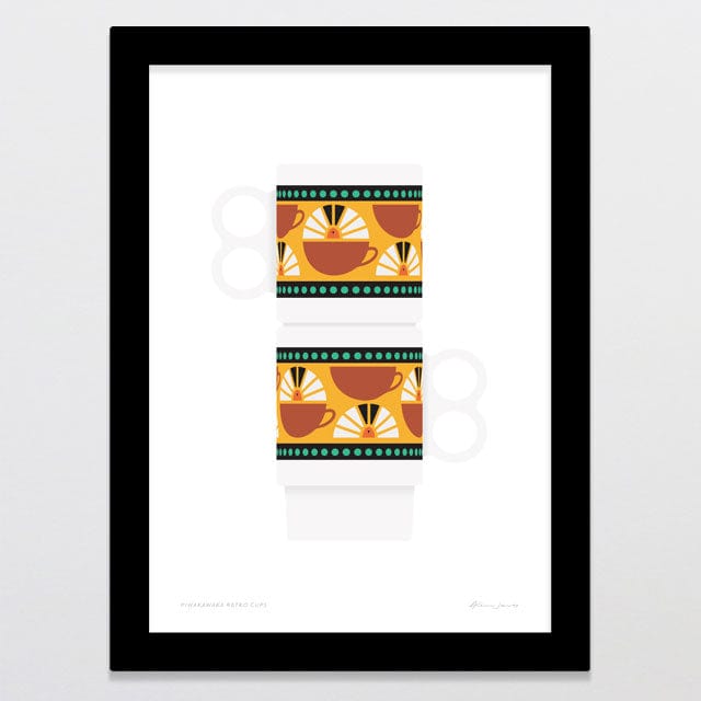 Glenn Jones Art Piwakawaka Retro Cups Art Print A4 / Black