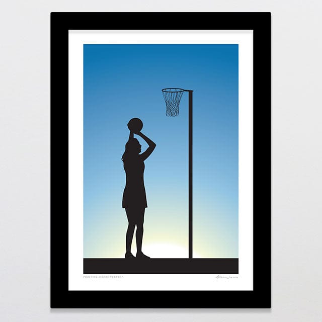 Glenn Jones Art Practice Makes Perfect - Netball Art Print Art Print A4 / Black