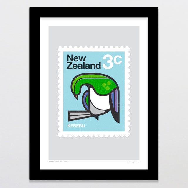 Glenn Jones Art Retro Stamp Kereru Art Print Art Print A4 / Black