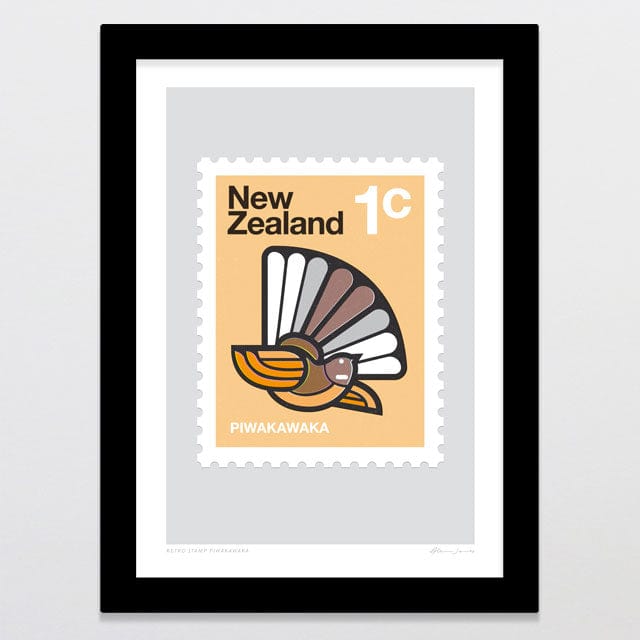 Glenn Jones Art Retro Stamp Piwakawaka Art Print Art Print A4 / Black