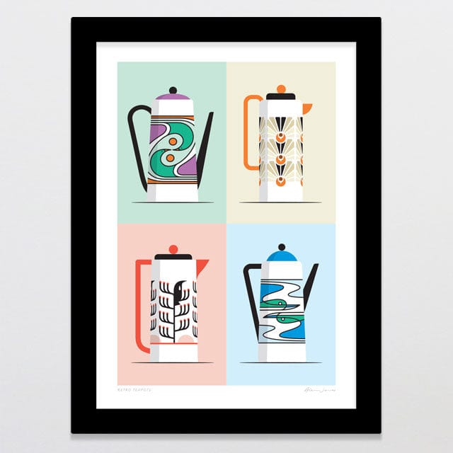 Glenn Jones Art Retro Teapots Art Print Art Print A4 / Black