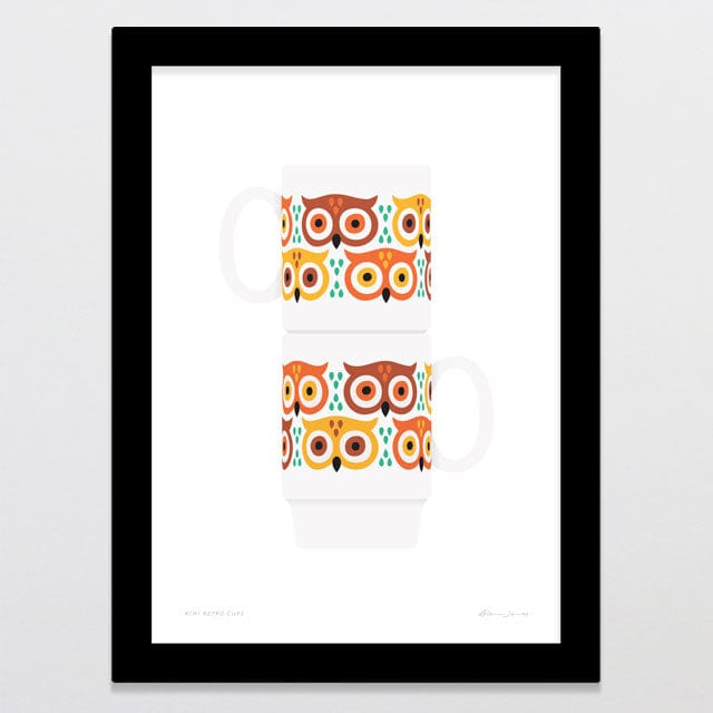 Glenn Jones Art Ruru Retro Cups Art Print A4 / Black