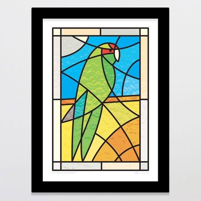 Glenn Jones Art Stained Glass Kakariki Art Print Art Print A4 / Black