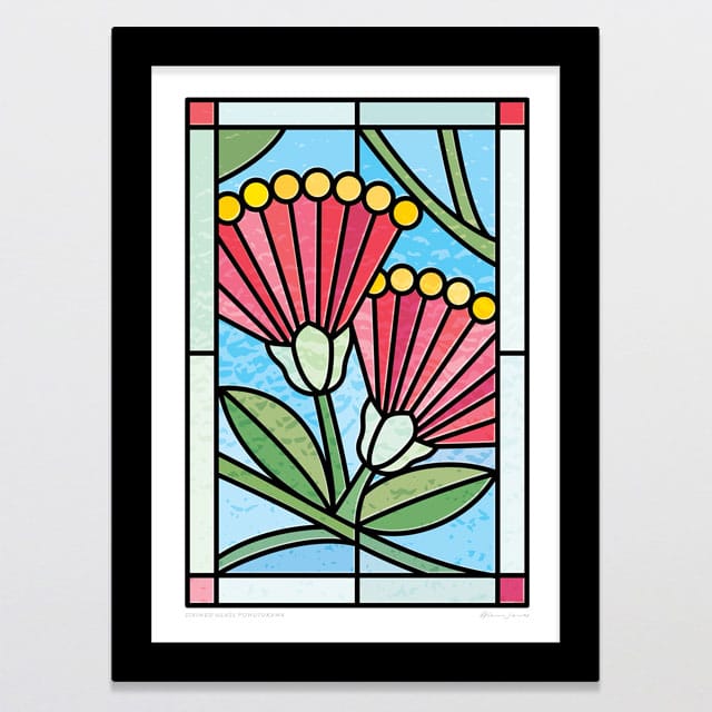 Glenn Jones Art Stained Glass Pohutukawa Art Print Art Print A4 / Black