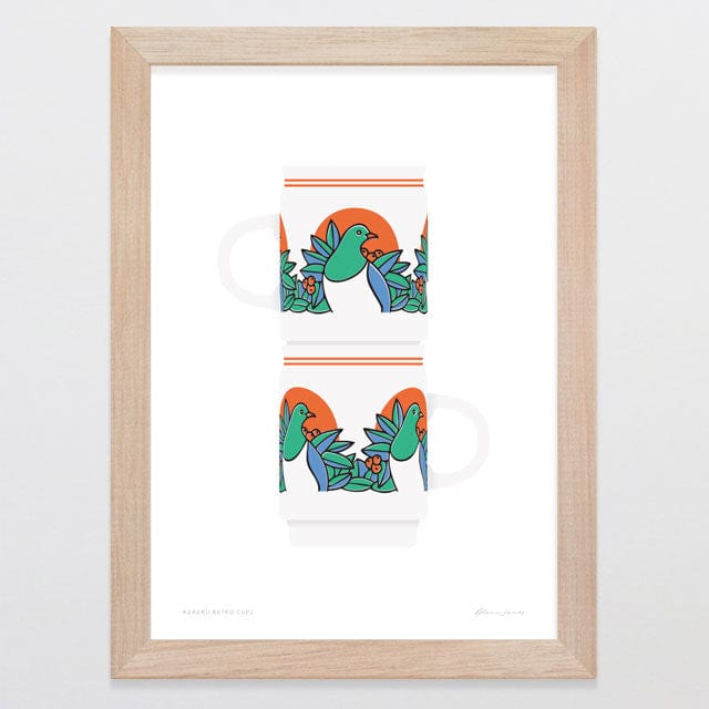 Glenn Jones Art Kereru Retro Cups Art Print A4 / Oak