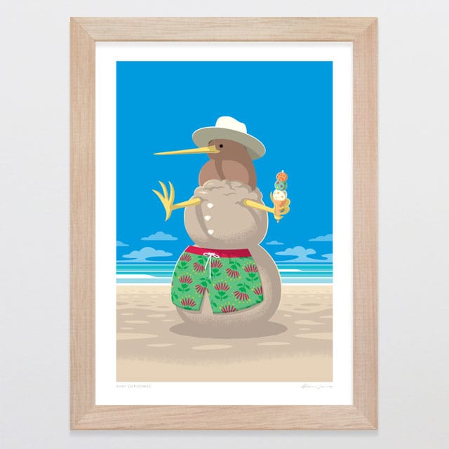 Glenn Jones Art Kiwi Christmas Art Print Art Print A4 / Oak