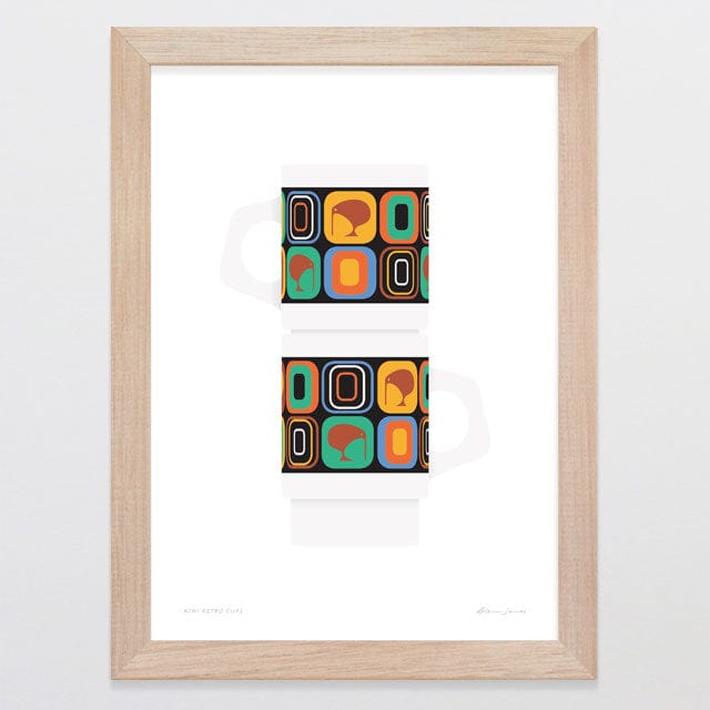 Glenn Jones Art Kiwi Retro Cups Art Print A4 / Oak
