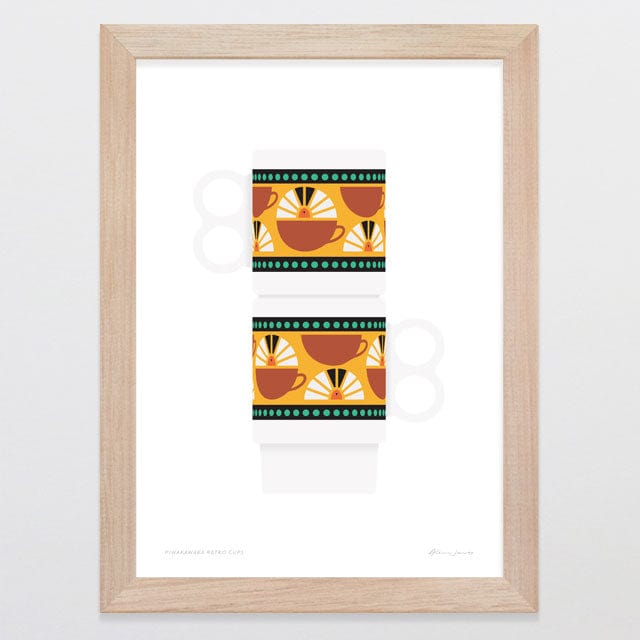 Glenn Jones Art Piwakawaka Retro Cups Art Print A4 / Oak