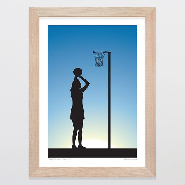 Glenn Jones Art Practice Makes Perfect - Netball Art Print Art Print A4 / Oak