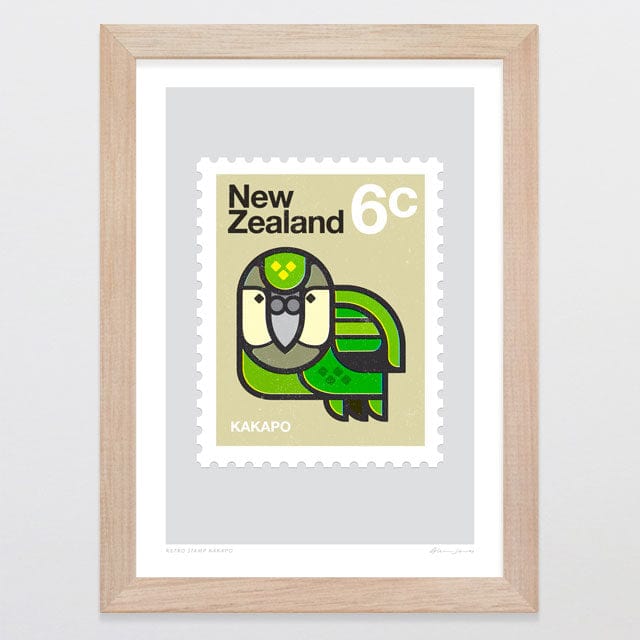 Glenn Jones Art Retro Stamp Kakapo Art Print Art Print A4 / Oak
