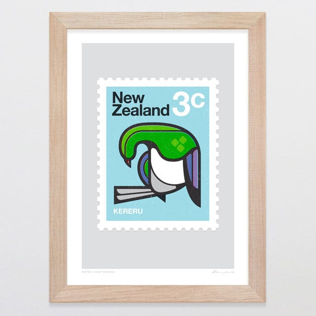 Glenn Jones Art Retro Stamp Kereru Art Print Art Print A4 / Oak