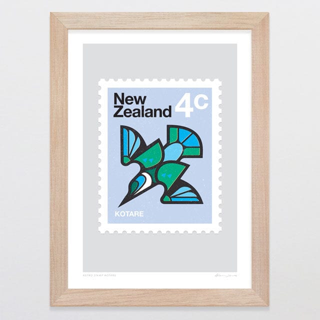 Glenn Jones Art Retro Stamp Kotare Art Print Art Print A4 / Oak