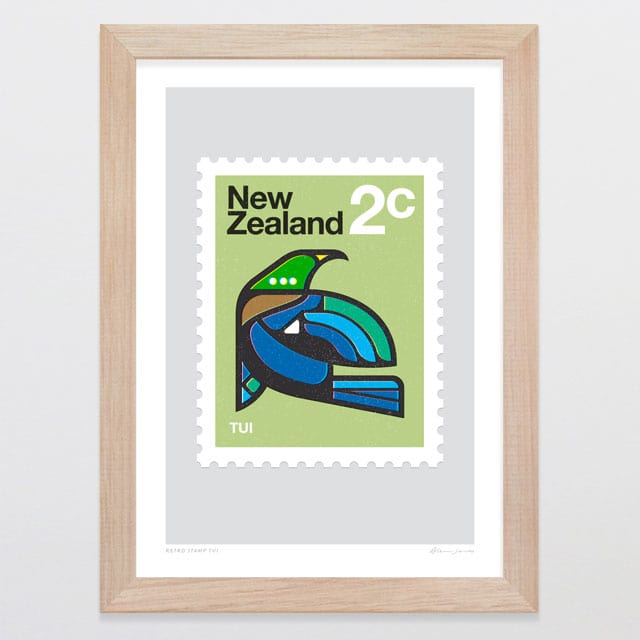 Glenn Jones Art Retro Stamp Tui Art Print Art Print A4 / Oak
