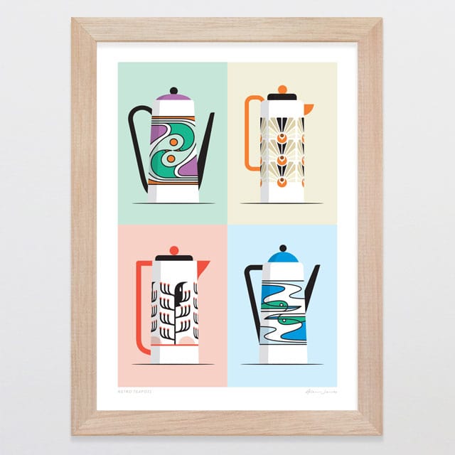 Glenn Jones Art Retro Teapots Art Print Art Print A4 / Oak