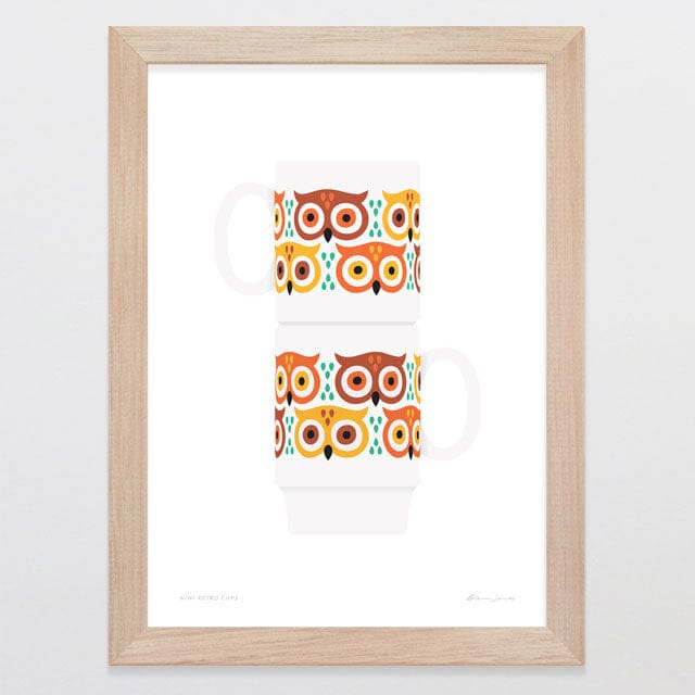 Glenn Jones Art Ruru Retro Cups Art Print A4 / Oak