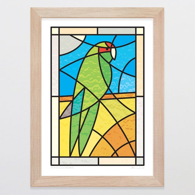 Glenn Jones Art Stained Glass Kakariki Art Print Art Print A4 / Oak