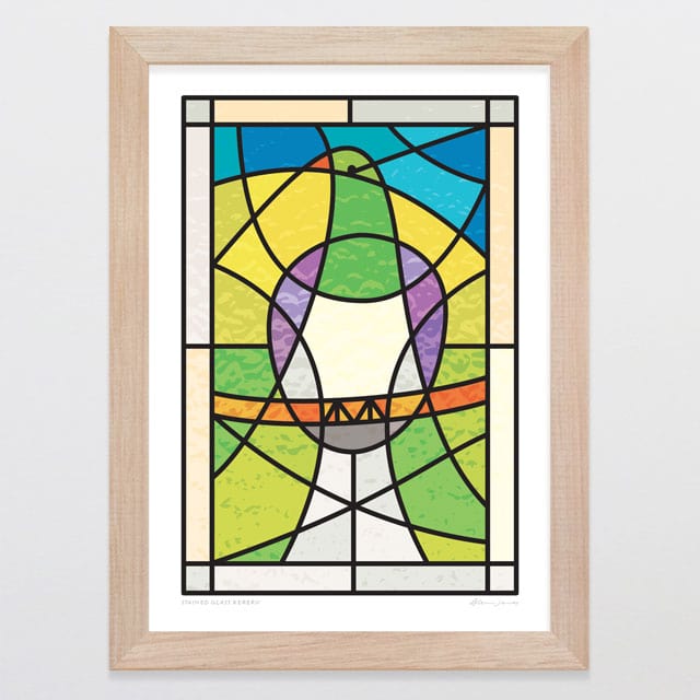 Glenn Jones Art Stained Glass Kereru Art Print Art Print A4 / Oak