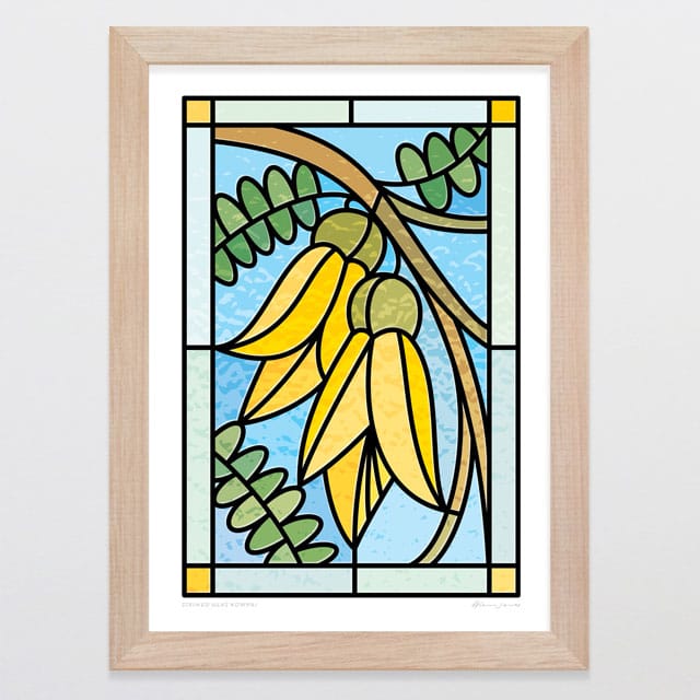 Glenn Jones Art Stained Glass Kowhai Art Print Art Print A4 / Oak