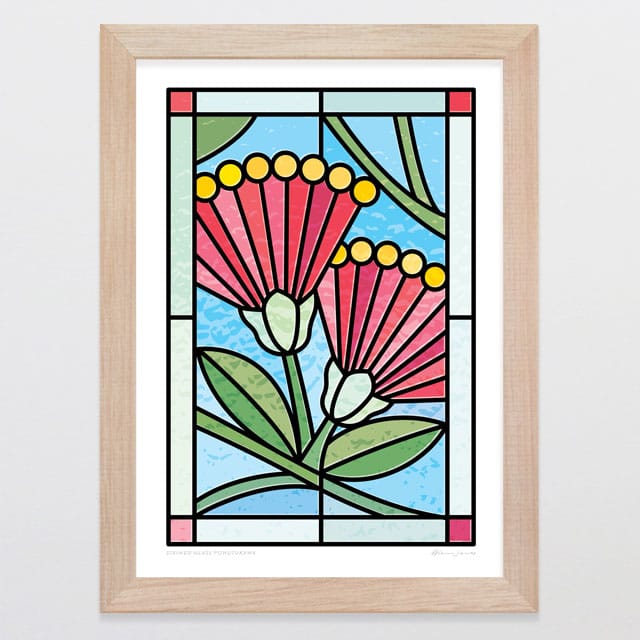 Glenn Jones Art Stained Glass Pohutukawa Art Print Art Print A4 / Oak