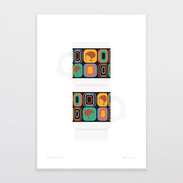 Glenn Jones Art Kiwi Retro Cups Art Print A4 / Unframed