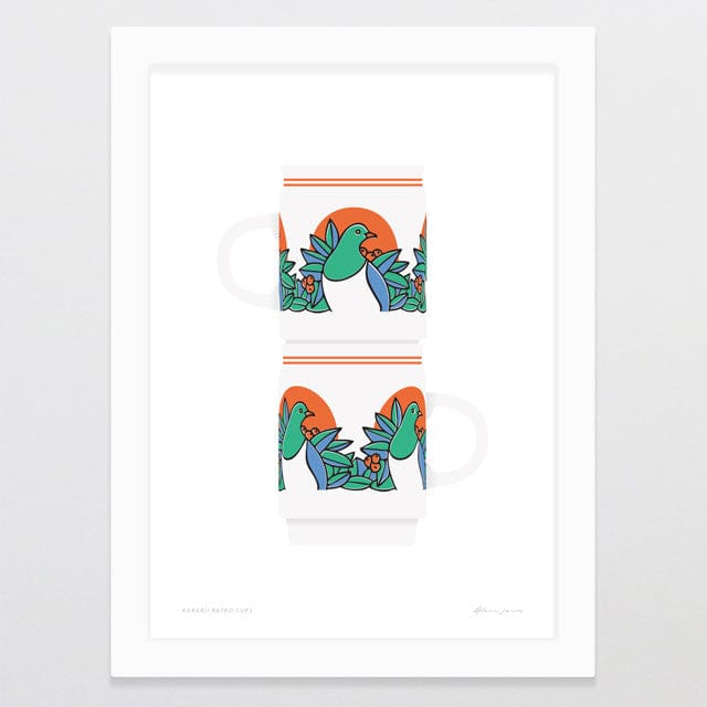 Glenn Jones Art Kereru Retro Cups Art Print A4 / White