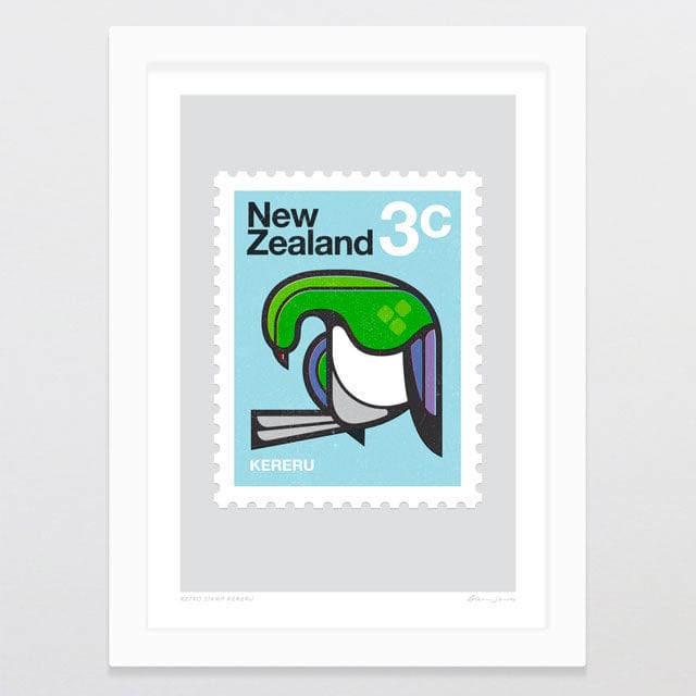 Glenn Jones Art Retro Stamp Kereru Art Print Art Print A4 / White