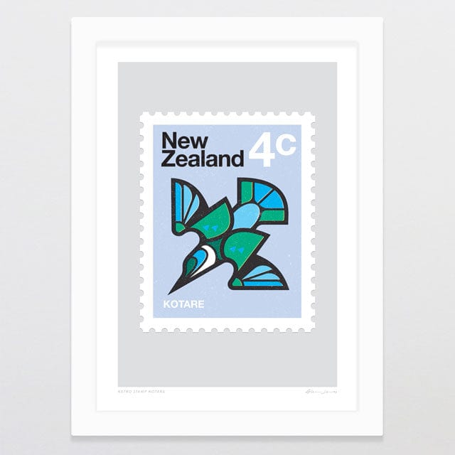 Glenn Jones Art Retro Stamp Kotare Art Print Art Print A4 / White