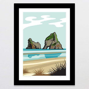 Glenn Jones Art Wharariki Beach Art Print Art Print A4 Print / Black Frame