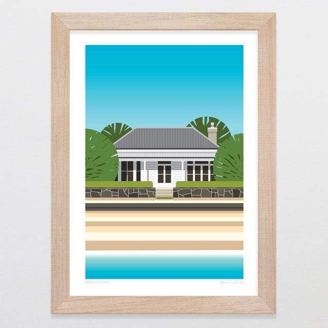 Glenn Jones Art Beach Cottage Art Print Art Print A4 Print / Raw Oak Frame