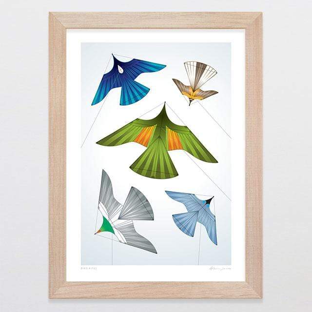 Glenn Jones Art Bird Kites Art Print Art Print A4 Print / Raw Oak Frame