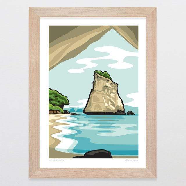 Glenn Jones Art Cathedral Cove Art Print Art Print A4 Print / Raw Oak Frame