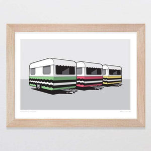Glenn Jones Art Colourful Campers Art Print Art Print A4 Print / Raw Oak Frame