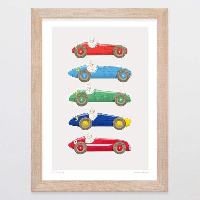 Glenn Jones Art Dinky Racers Art Print Art Print A4 Print / Raw Oak Frame