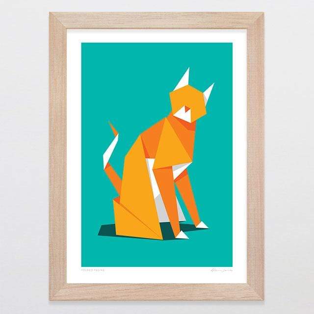 Glenn Jones Art Folded Feline Art Print Art Print A4 Print / Raw Oak Frame