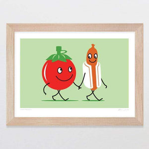 Glenn Jones Art Food Friends 2 - Sausage & Sauce Art Print Art Print A4 Print / Raw Oak Frame