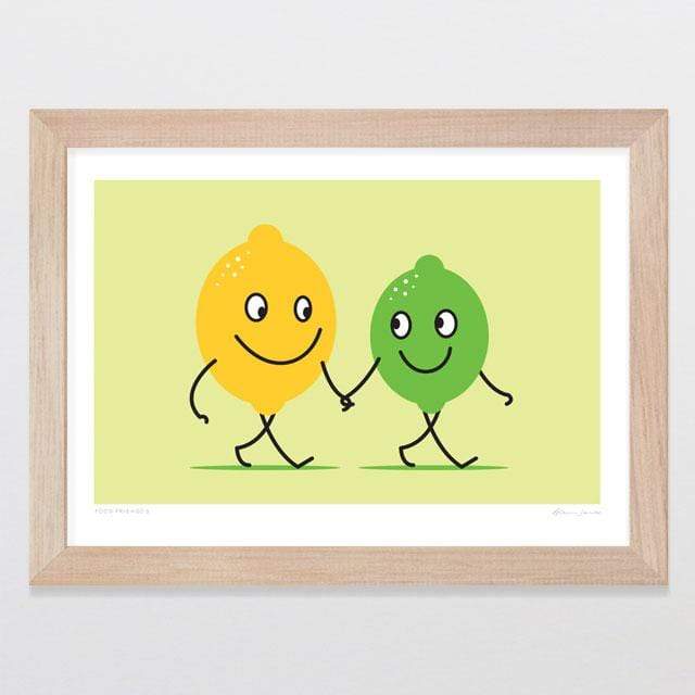 Glenn Jones Art Food Friends 5 - Lemon & Lime Art Print Art Print A4 Print / Raw Oak Frame